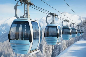 Foto op Plexiglas Gondels A group of gondola lift cars on a snowy mountain. AI.