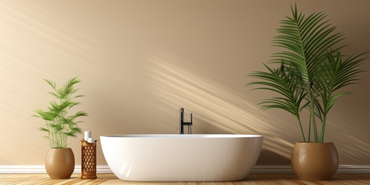 A white bath tub sitting next to a green plant. AI.