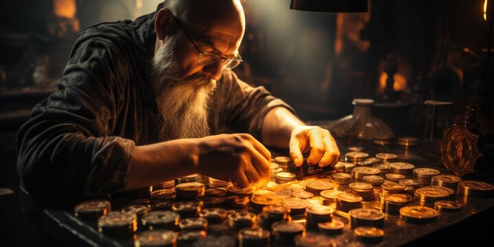 A man with a beard and glasses working on coins. AI. - Powered by Adobe