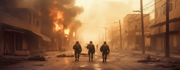 Group of soldiers walk down the street in a ruined city. Ai Generative