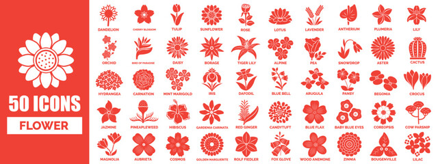 50 icon silhouette of flower with names 