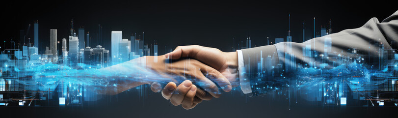 businesspeople shaking hands with business graphs 