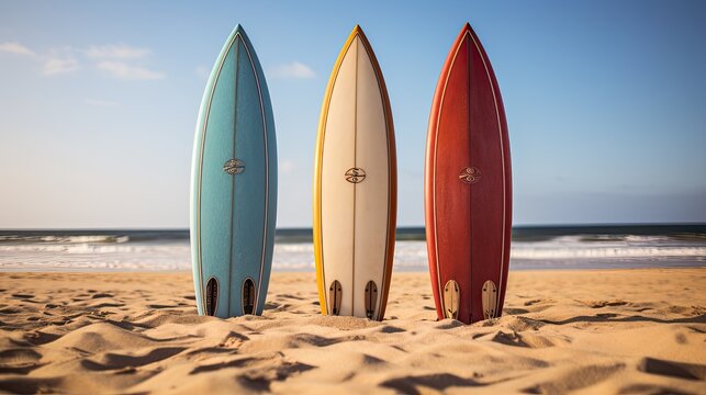 three upright surfboards in beach sand generative AI