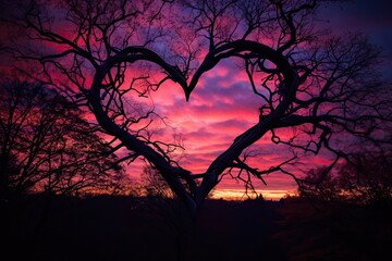 Two intertwined trees, their branches forming the shape of a heart, against a backdrop of a colorful twilight sky,surrealistic scene. Generative AI