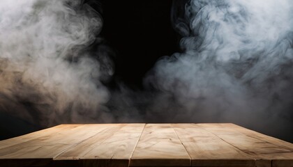empty wooden table with smoke float up on dark background Empty Space for display your...