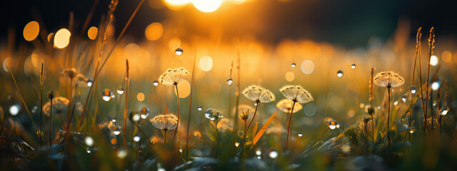 Beautiful natural soft background. Plants with dew drops at sunset 