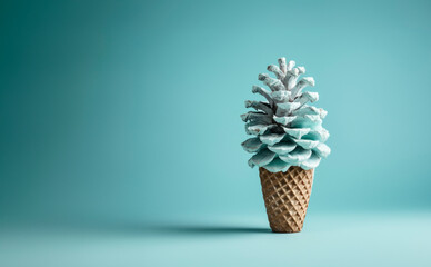 Frozen pine cone in the ice cream cone. Winter season conceptual background. AI generated image - obrazy, fototapety, plakaty