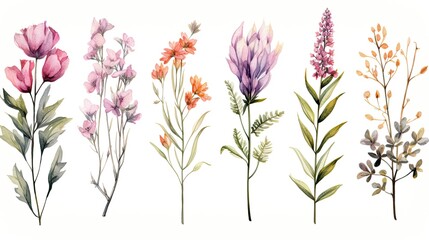 watercolor botanical flowers illustrations isolated on white generative AI - obrazy, fototapety, plakaty