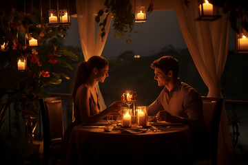 The couple enjoying a candlelit dinner at a beautifully set dining table 