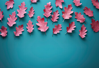 Pink oak leaves on a pastel teal background. Minimal thanksgiving pattern flat lay. AI generated background