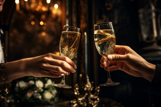 A close-up shot of the man and woman toasting to a special occasion 