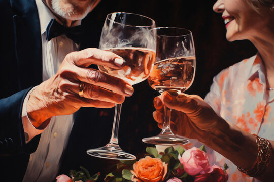 A close-up shot of the man and woman toasting to a special occasion 
