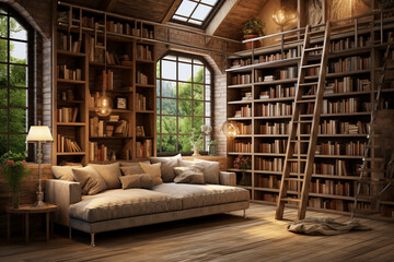 A charming loft library with a ladder and an inviting reading spot 