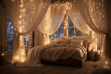 A dreamy loft bedroom adorned with fairy lights and soft, flowing curtains 