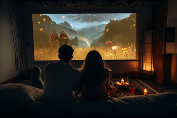 The couple enjoying a movie night with a projector and a big screen  - obrazy, fototapety, plakaty