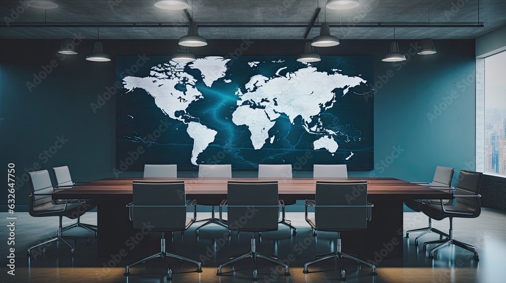 Wall mural world map hung on wall in conference room generative AI