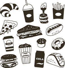 Various fast food doodle silhouette