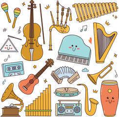 set of music instrument in doodle style, cute sticker