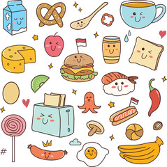  cartoon food characters isolated on white, cute doodle set, cute illustration, hand draw illustration