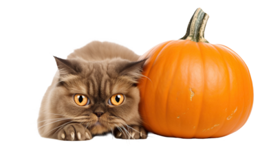  Funny Cat with Halloween pumpkin isolated on transparent background, png. Kitten and pumpkin on white. Halloween holidays. Autumn season. October. Autumn mood.
