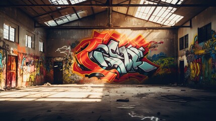 abstract graffiti shapes and patterns in an abandoned building generative AI
