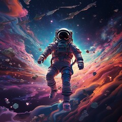 trippy astronaught floating through galaxy