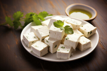 Paneer cheese cubes on a plate with green sauce and cilantro on the table