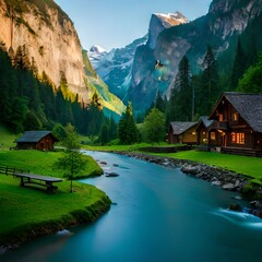 Fototapeta premium Panoramic view of Lauterbrunnen valley and Staubbach Fall in Swiss Alps, Switzerland