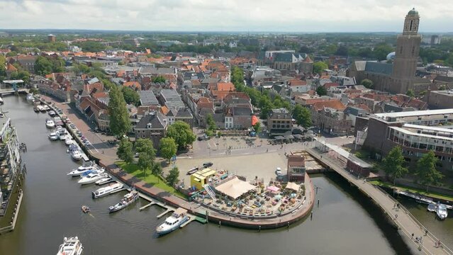 Aerial drone view of the city centre and rooftops in Zwolle the Netherlands