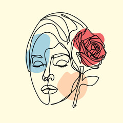 Rose girl on white background. One line drawing style.