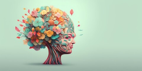 Human brain tree with flowers and leaves, self care and mental health concept, positive thinking, creative mind, Generative AI - obrazy, fototapety, plakaty