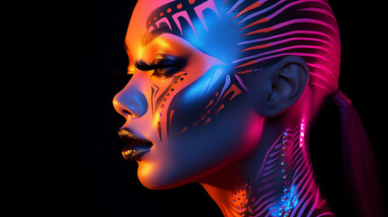 Retrato de uma jovem com maquiagem de arte de fantasia. Look de maquiagem ousado que incorpora a vibe cyberpunk, cores neon