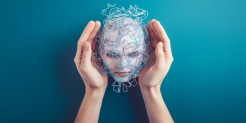 Hands holding human head, attention deficit hyperactivity disorder, ADHD symptom, mental health, confused mind, Generative AI - obrazy, fototapety, plakaty
