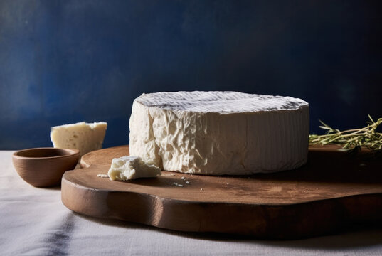 A block of feta cheese on a rustic wooden chalkboard