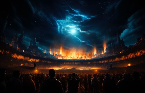 Numerous spectators watch the eruption of lava at night. People face the explosions in the dark cityscape and bright star in the sky.