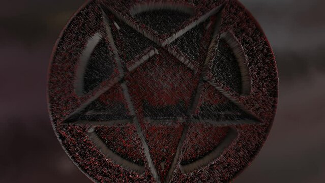 Reversed Pentagram symbol. Wiccan symbols- Cross of Sulfur. Blood red runic spell circle. Satanic sign, Magic casting ring. Pentalpha, Pentangle. 3d illustration