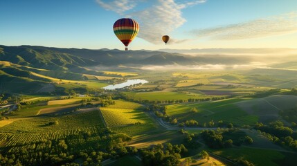 aerial view of colorful hot air balloons floating over rolling green vineyard hills at sunrise napa valley california generative AI