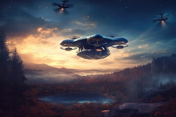 Atmospheric scene featuring a futuristic flying car soaring through the sky. Generative AI