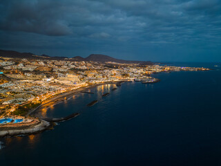 illuminated night city light view, ocean shore, Tenerife, Canary island aerial
