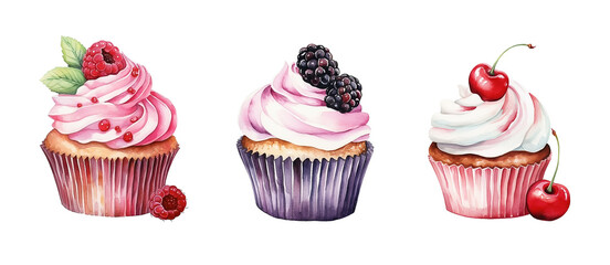 Set of watercolor cupcakes with berries isolated on white background.