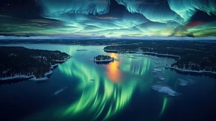 Foto op Plexiglas amazing aerial aurora borealis northern lights dancing swirls over lake yellowknife canada generative AI © Brandon