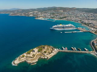 Kusadasi Marina and Kusadasi Castle Drone Photo, Summer Season Cruise Ships, Kusadasi Aydin, Turkey...
