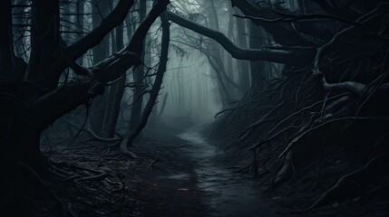 amazing dense fog settles hauntingly over mystical dark forest path trees vanishing upwards generative AI