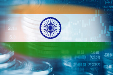 Stock market investment trading financial, coin and India flag or Forex for analyze profit finance...