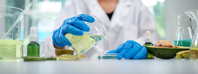 Natural organic green botany laboratory with scientific glassware, Alternative herb medicine or...