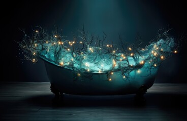 A bathtub filled with christmas lights and branches. AI.