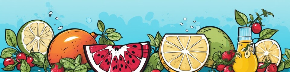 A group of fruits and vegetables with a blue background. AI.