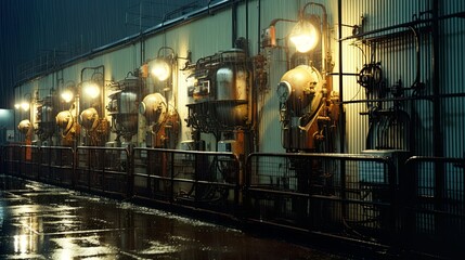 Illustration of a science fiction wall with high tech industrial buildings and towers in the rain. A moody steampunk style. Ai generative art.