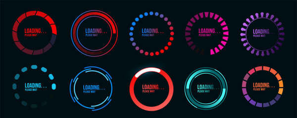 Loading progress or status bar vector icons. Futuristic digital interface of head up display with circular bars of download process, data upload, loader percentage diagram