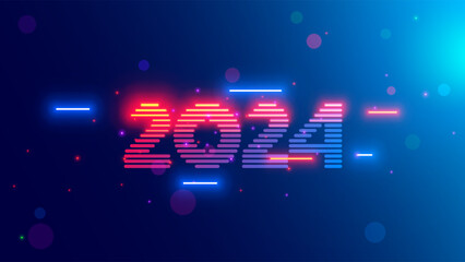 2024 new year, christmas tech background. Year 2024 consist from light neon lamps in dark, hanging in cyberspace. Digits or Number year on celebration banner in new technology style. 2024 logo vision